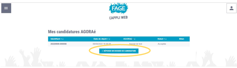 Liste Mes candidatures AGORAé avec le bouton Déposer un dossier de candidature